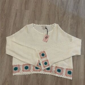 Sincerely Jules Cream Crochet Sweater with Pink and Green Details